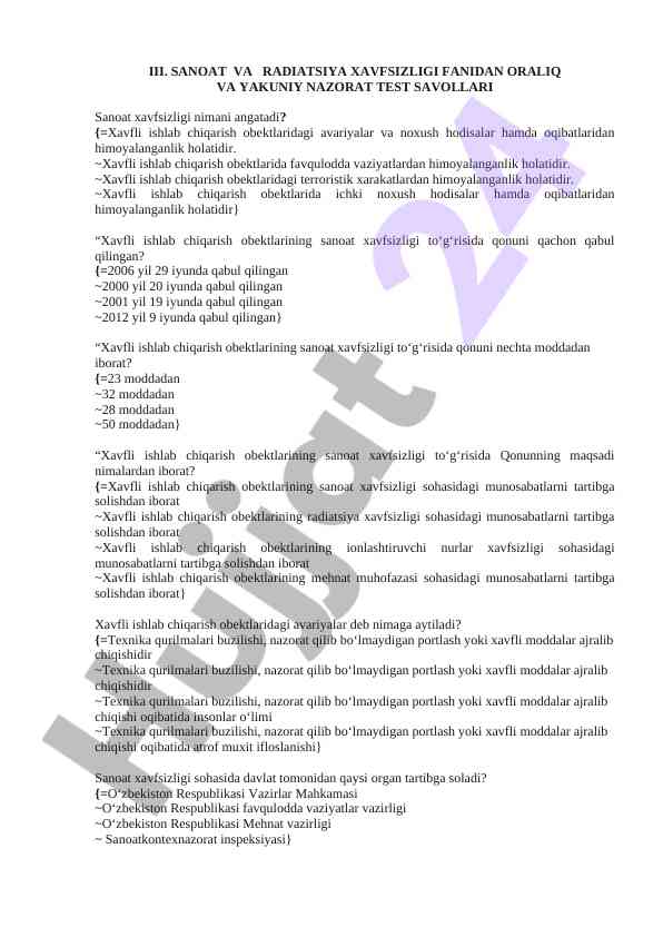Sanoat va radiatsiya xavfsizligi test savollari