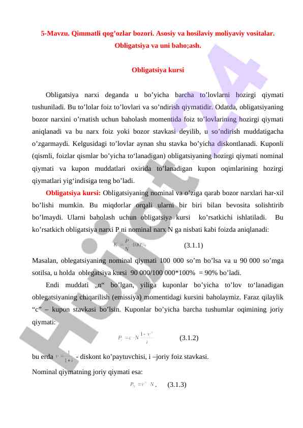Qimmatli qog'ozlar bozori va obligatsiya kursi