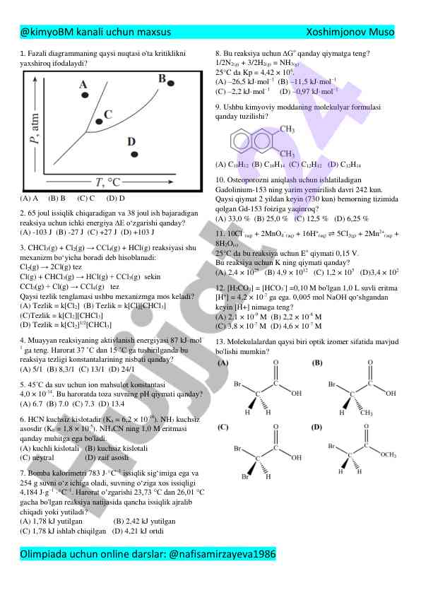 Kimyo online darslarida test savollari