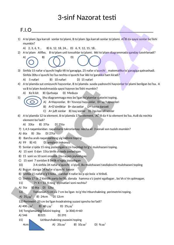 3-sinf nazorat testi to’plamlar mavzusida
