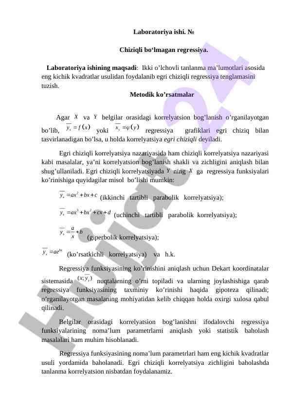 Egri chiziqli regressiya tenglamasi tuzish laboratoriya ishlari
