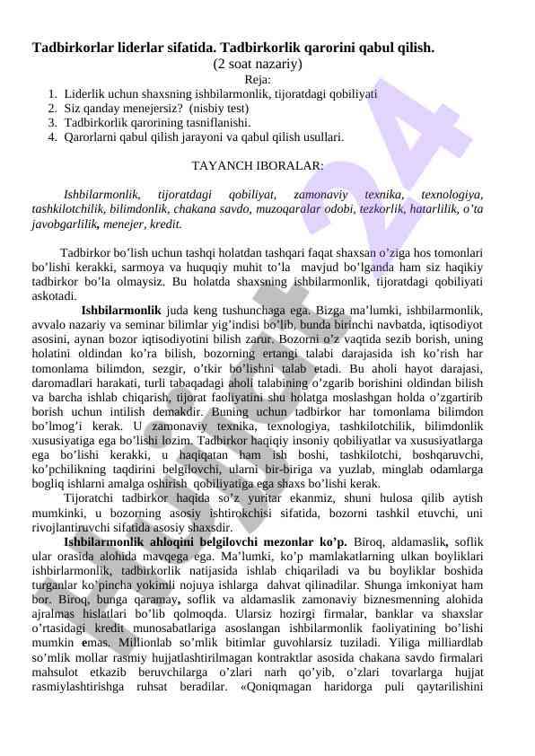 Tadbirkorlik va liderlik bilan bog'liq asosiy tushunchalar