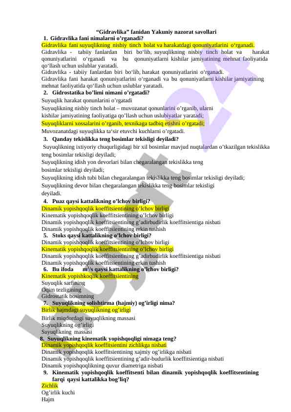 Gidravlika fani o‘rganish va qo‘llanilishi