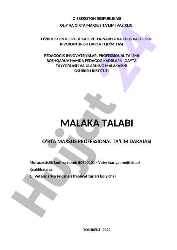 Veterinariya meditsinasi malaka talabi 2022