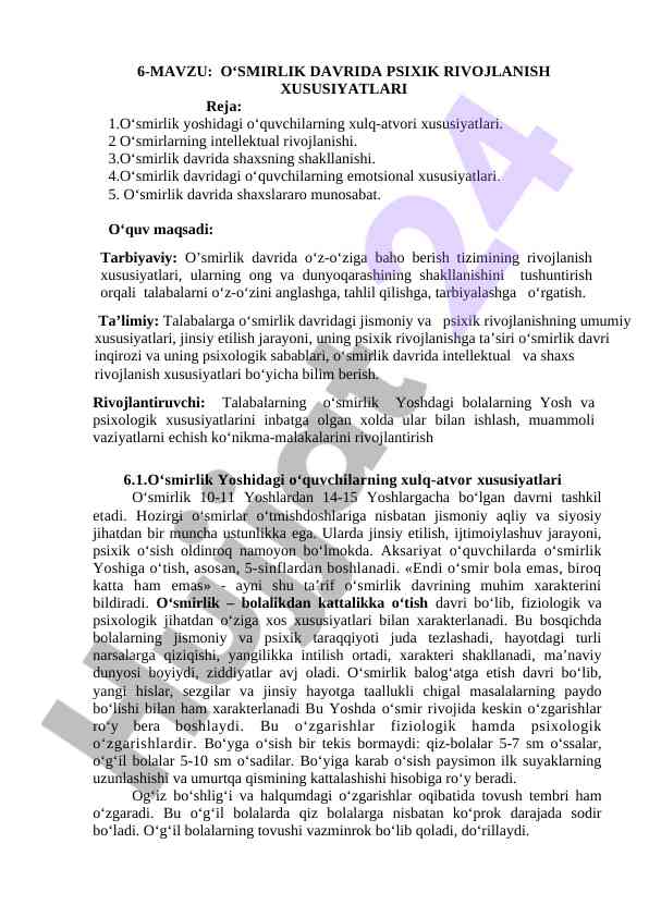 O‘smirlik davrida psixik rivojlanish xususiyatlari