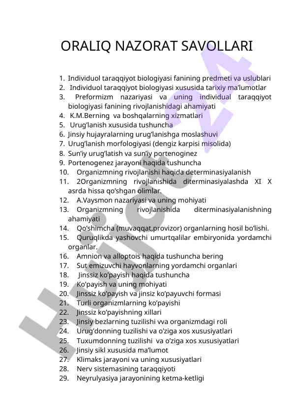 Individuol taraqqiyot biologiyasi savollari