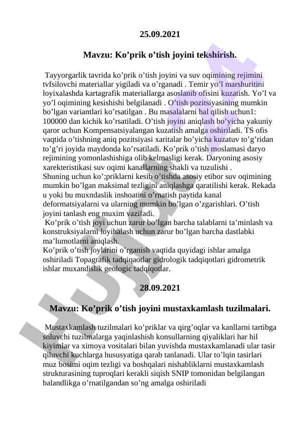 Ko’prik o’tish joyi va suv oqimi tahlili