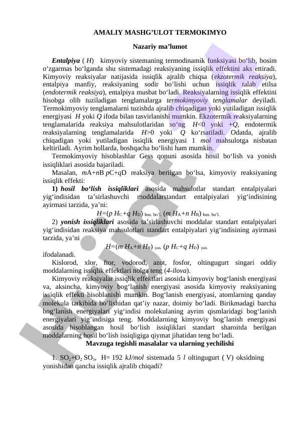 Termokimyoviy entalpiya nazariy ma’lumot