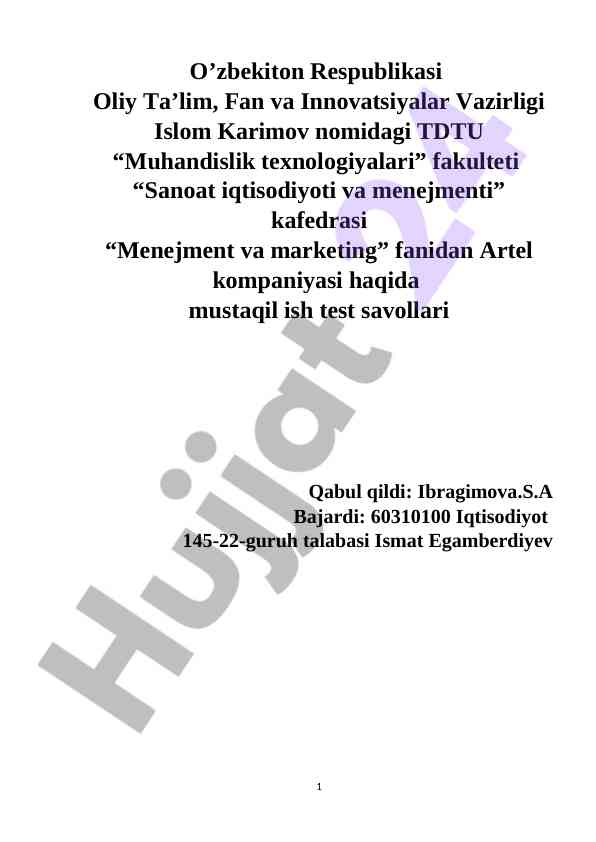 Artel kompaniyasi haqida mustaqil ish test savollari