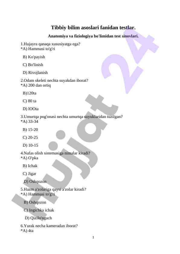 Tibbiy bilim asoslari fanidan testlar
