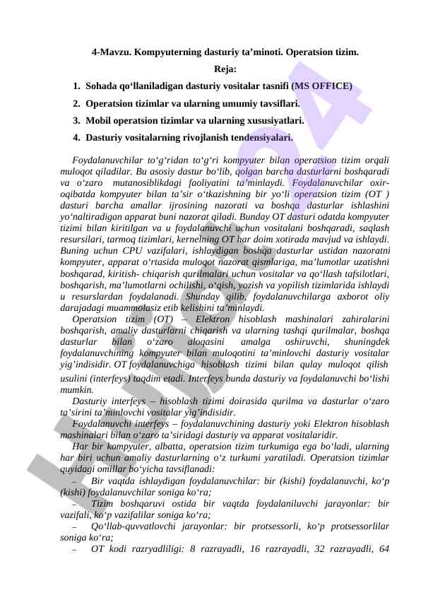 Kompyuterning dasturiy ta'minoti va operatsion tizim