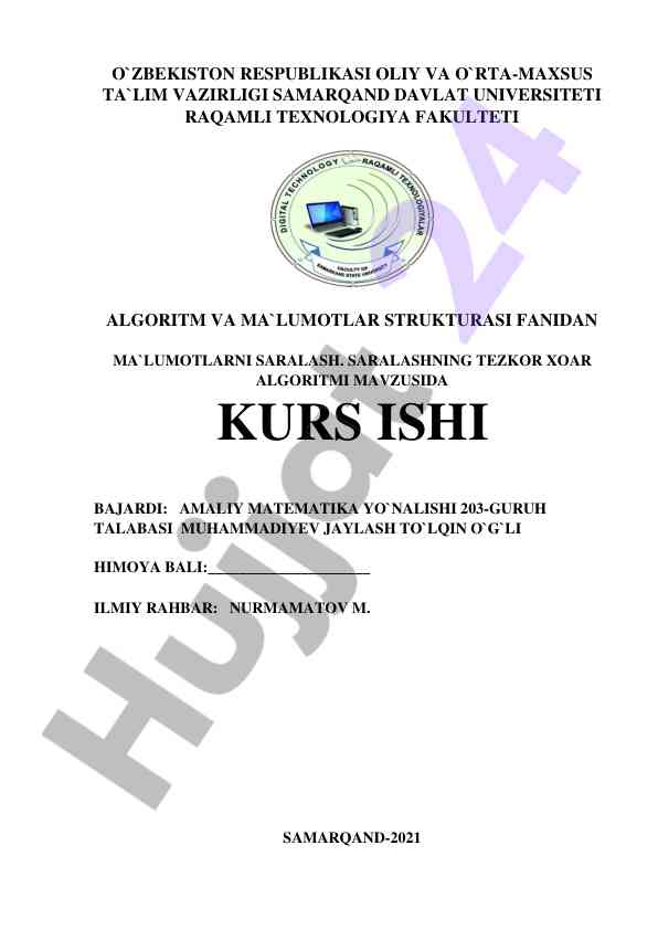 Tezkor xoar algoritmi: kurs ishida ma'lumotlarni saralash