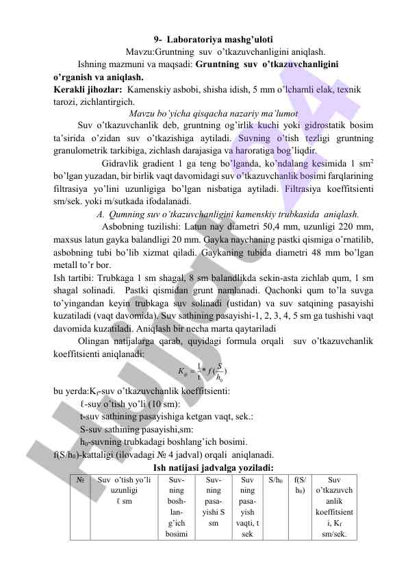 Gruntning suv o'tkazuvchanligini aniqlash usullari
