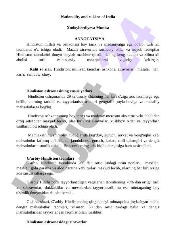 Hindiston millati va oshxonasi tarixi