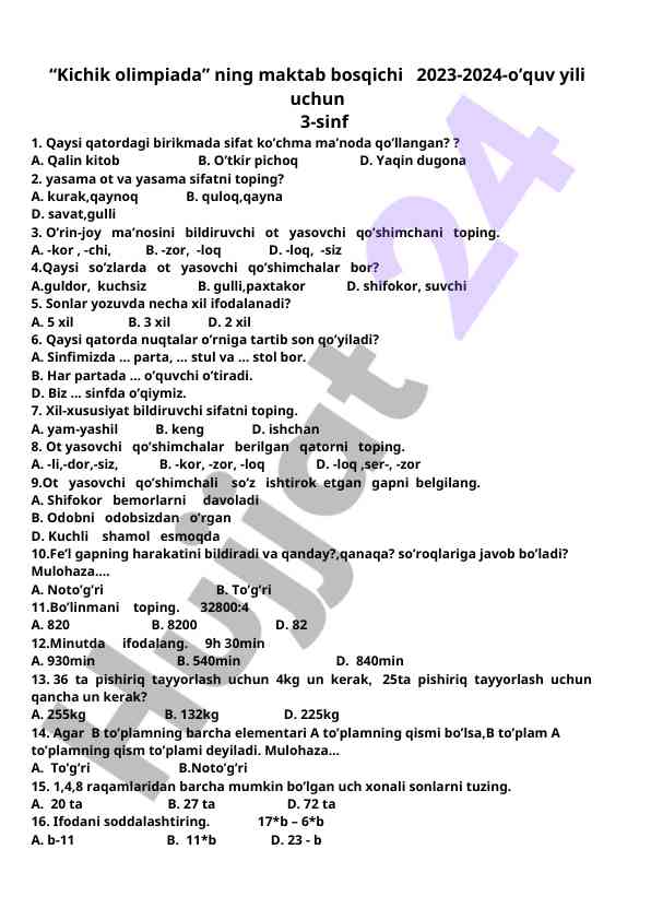 2023-2024 maktab bosqichi test savollari