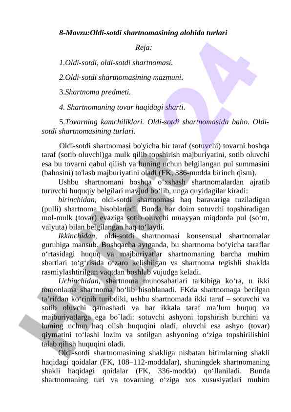 Oldi-sotdi shartnomasining asosiy turlari