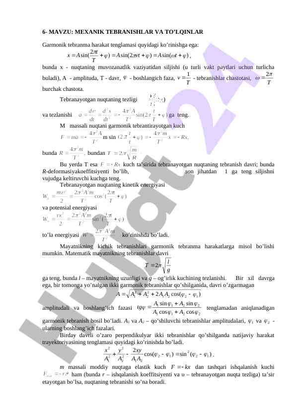 Mexanik tebranishlar va to'lqinlar teoriyasi