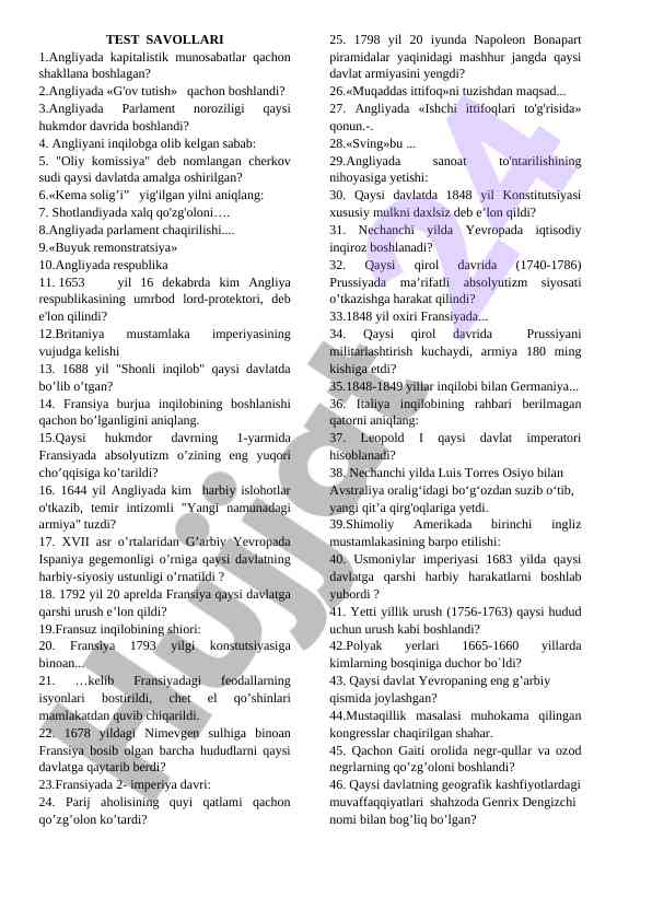 Iqtisodiy munosabatlar va inqiloblar savollari