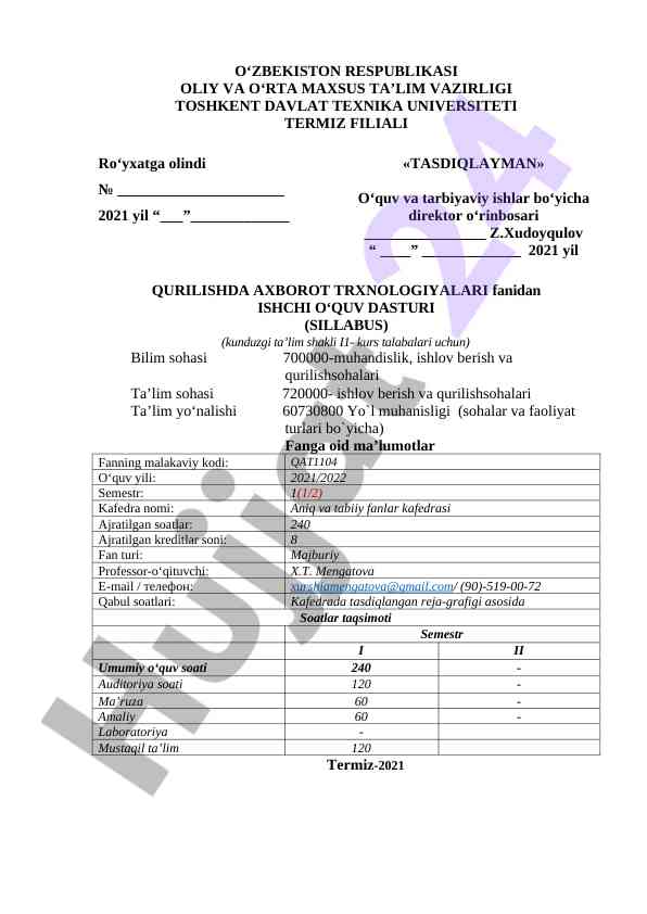 Qurilishda axborot texnologiyalari fanidan o‘quv dasturi