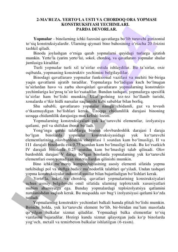 Yerto‘la usti va chordoq ora yopmasi konstruksiya