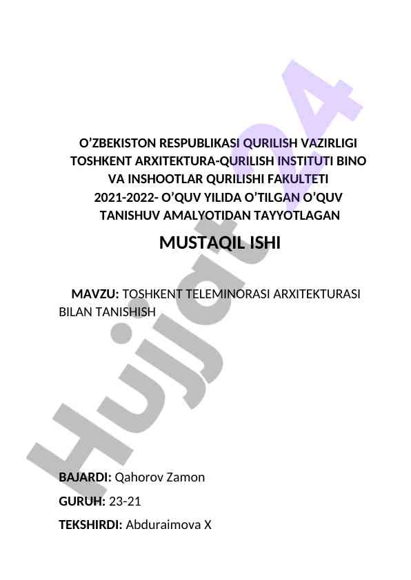 Toshkent teleminorasi arxitekturasi bilan tanishish