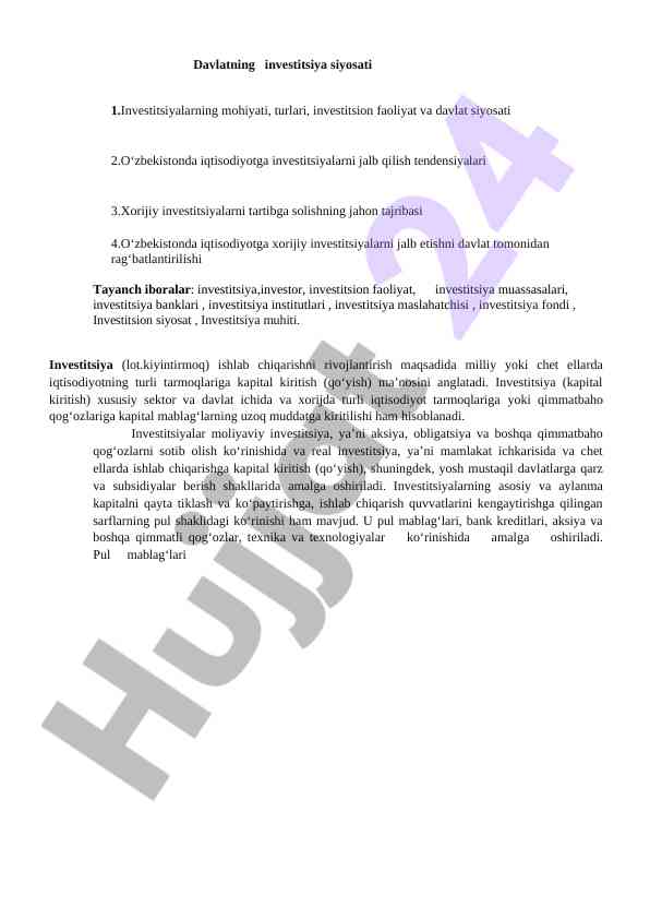 Davlatning investitsiya siyosati va tahlili