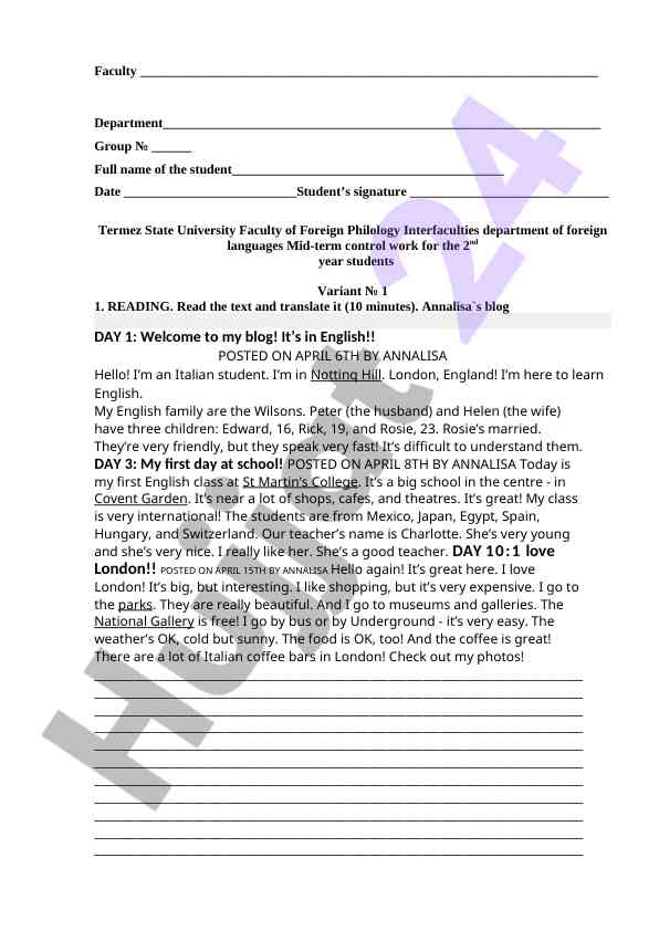 Mid-term control work for foreign language students