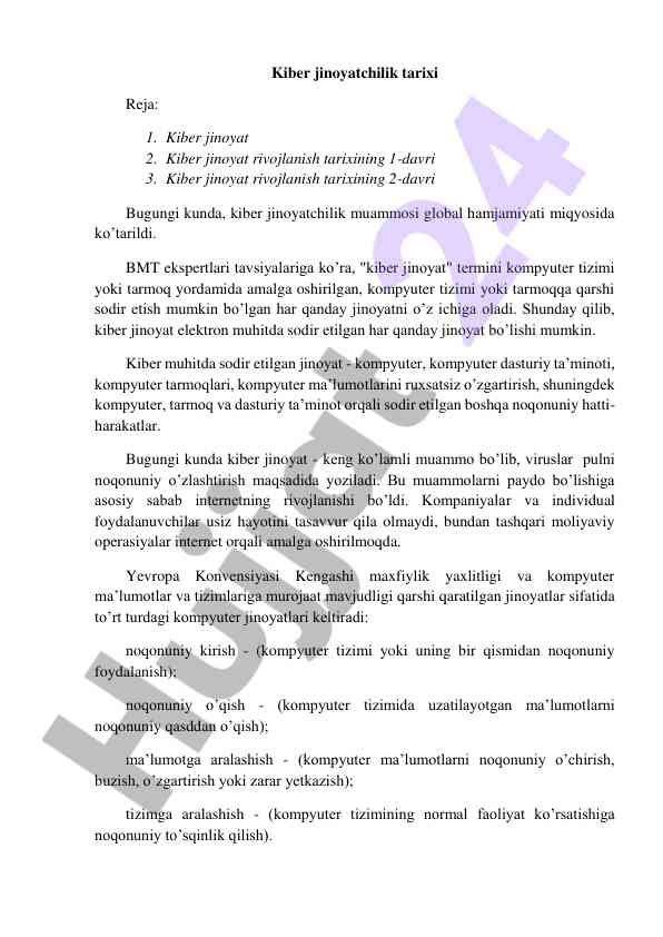 Kiber jinoyat tarixi rivojlanish jadvali