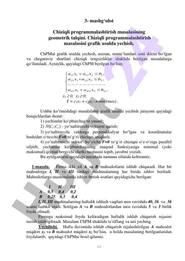 Chiziqli programmalashtirish masalasining geometrik talqini