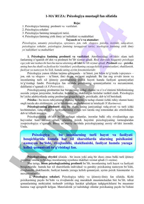 Psixologiya mustaqil fan sifatida va uning taraqqiyoti