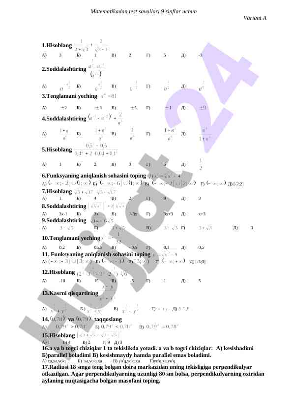 Hisoblash va tenglama yechtirish bo'yicha testlar
