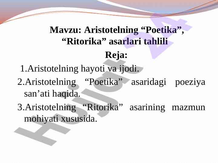Aristotelning poetika ritorika asarlari tahlili