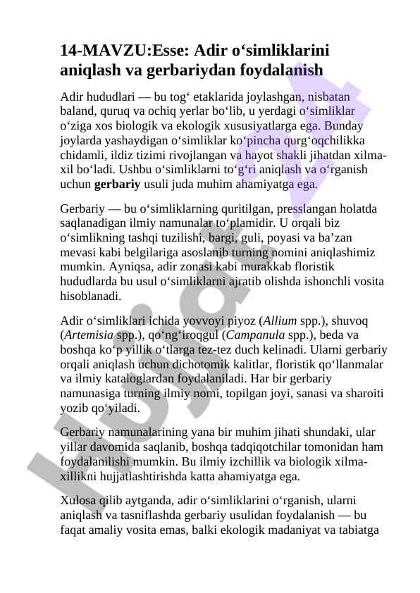 Adir o‘simliklarini aniqlash va gerbariydan foydalanish