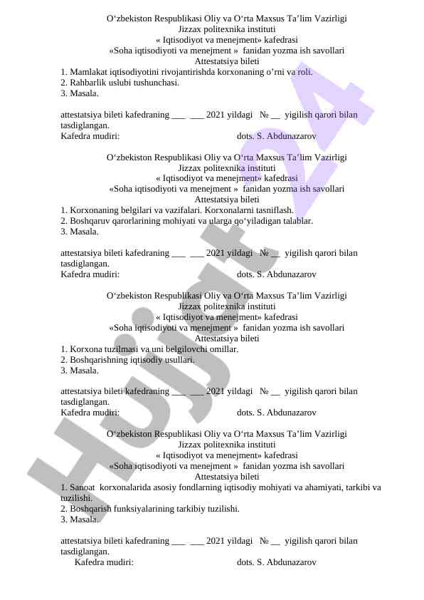 Soha iqtisodiyoti va menejment fanidan yozma ish savollari