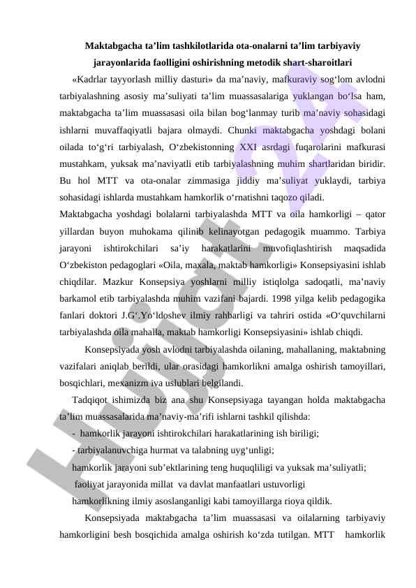 Ota-onalarni faolligini oshirish metodik shartlari