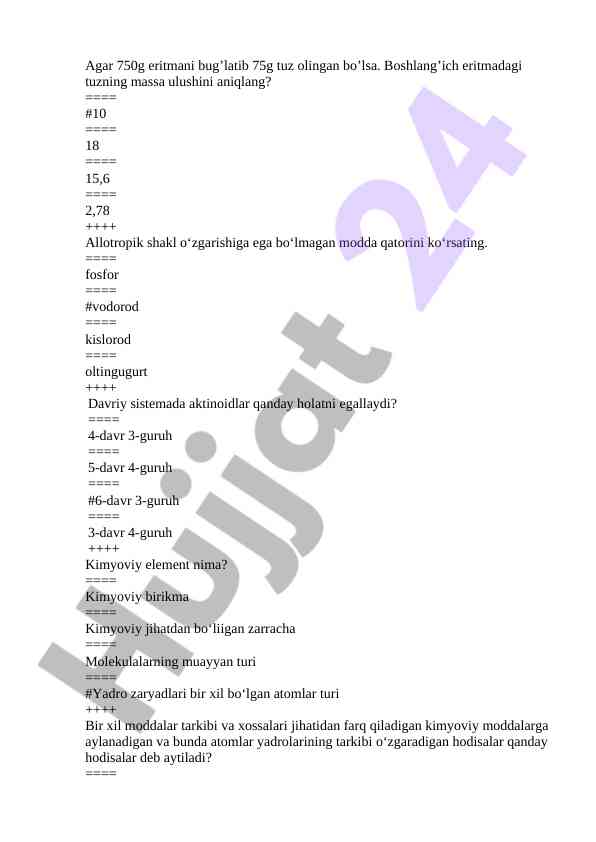 Kimyo fanidan test savollari va javoblari