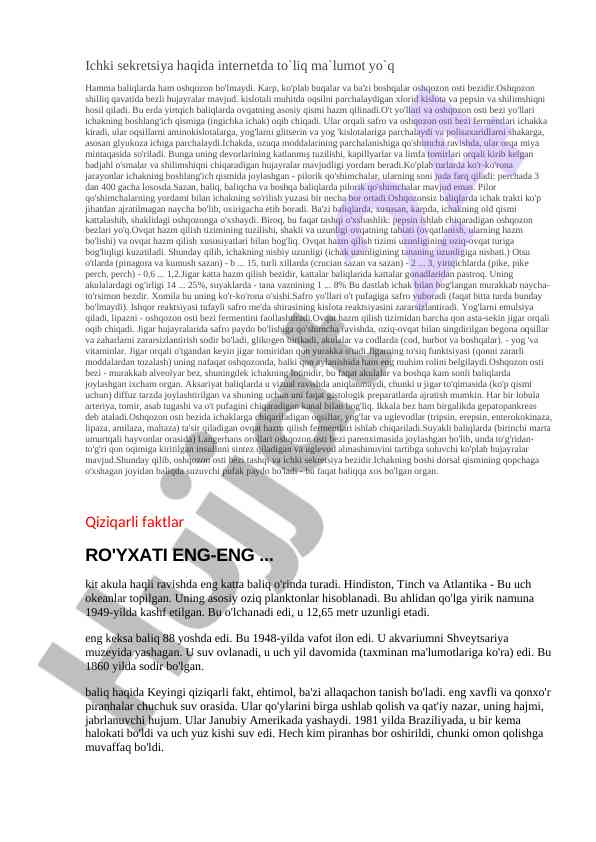 Ichki sekretsiya va baliq oziqlanishi haqida