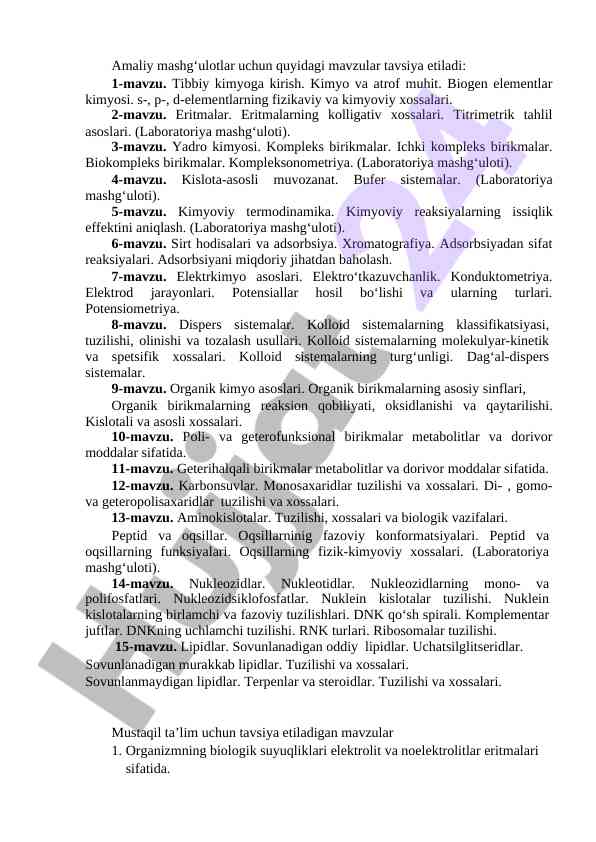 Amaliy mashg‘ulotlar uchun mavzular tavsiyalari