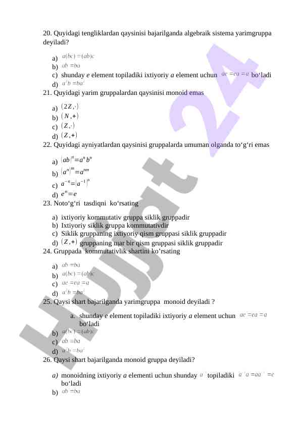 Algebraik sistema va yarimgruppa tushunchalari