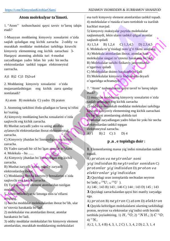 Atom molekulyar ta’limoti bo‘yicha test savollari