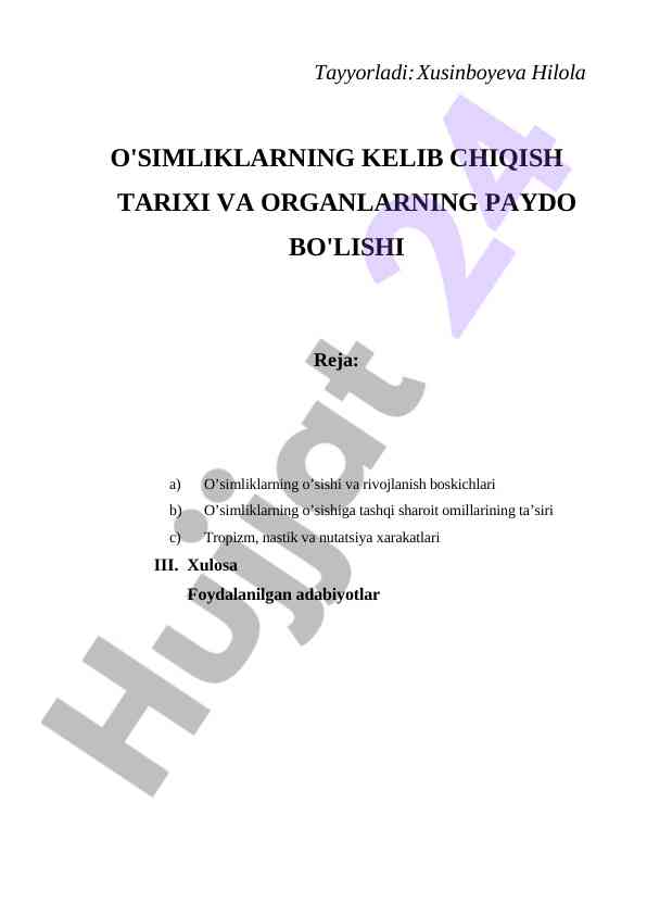 O'simliklarning o’sishi va rivojlanishi tarixi