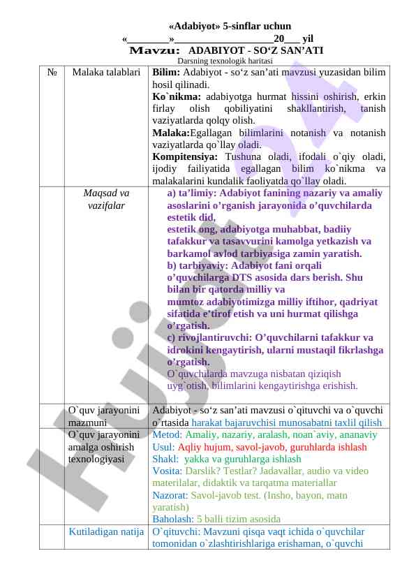 Adabiyot Darsining Texnologik Haritasi