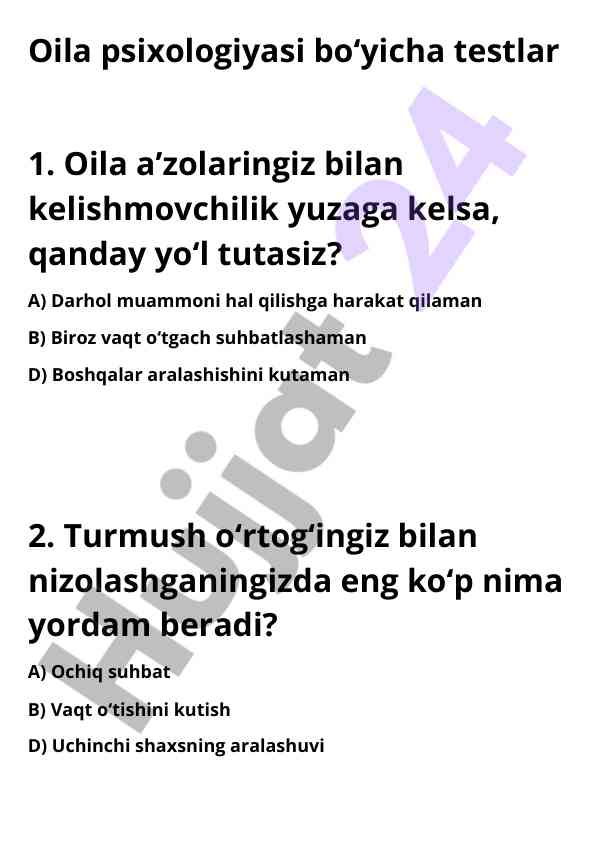 Oila psixologiyasi bo‘yicha testlar