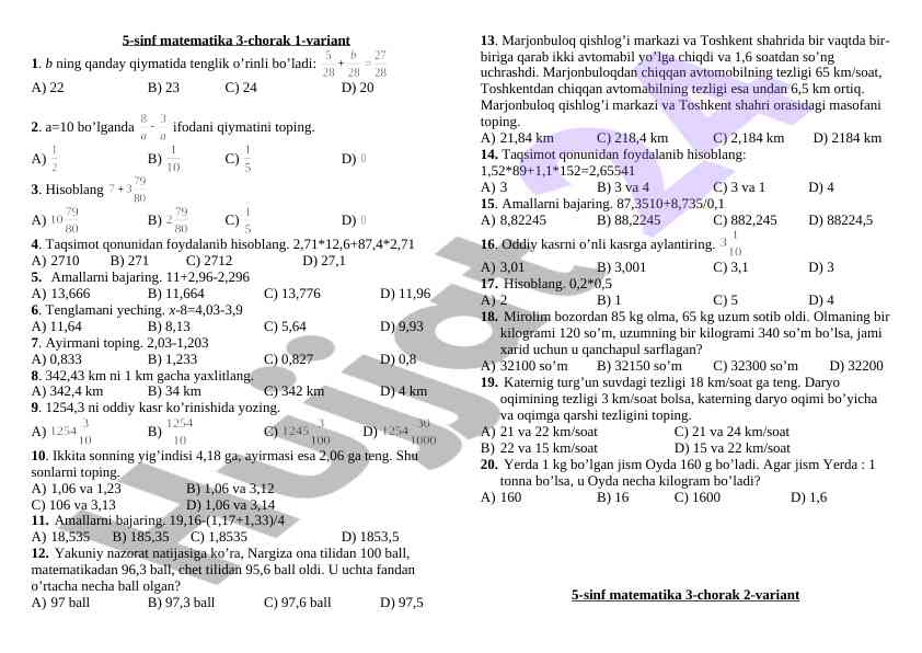 5-sinf matematikadan test variantida savollar