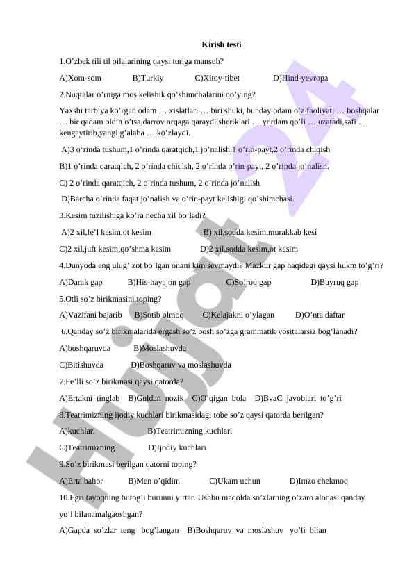O’zbek tili kirish testi savollari va javoblari