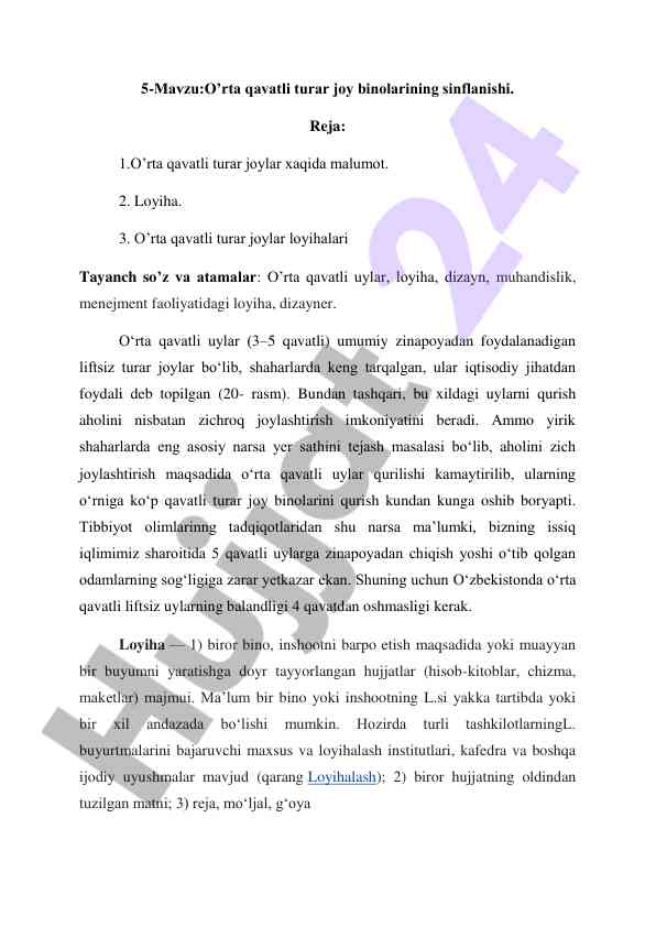 O'rta qavatli turar joy binolarining sinflanishi