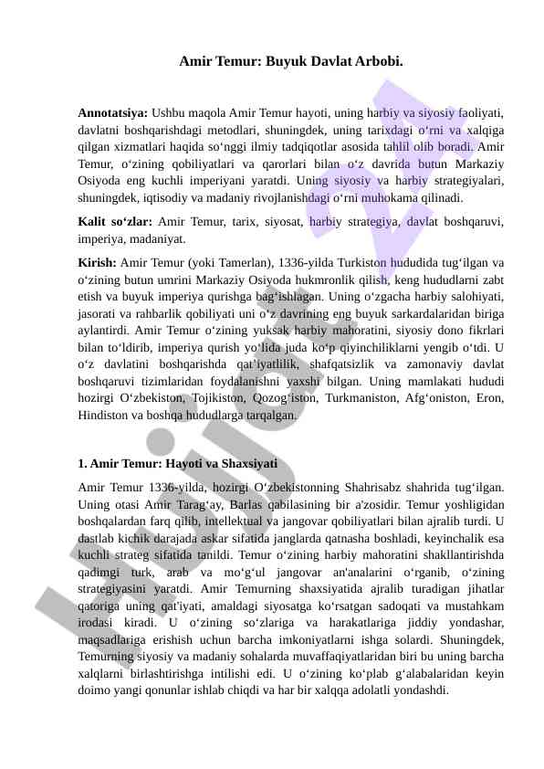 AMIR TEMUR VA UNING TARIXIY AHAMIYATI