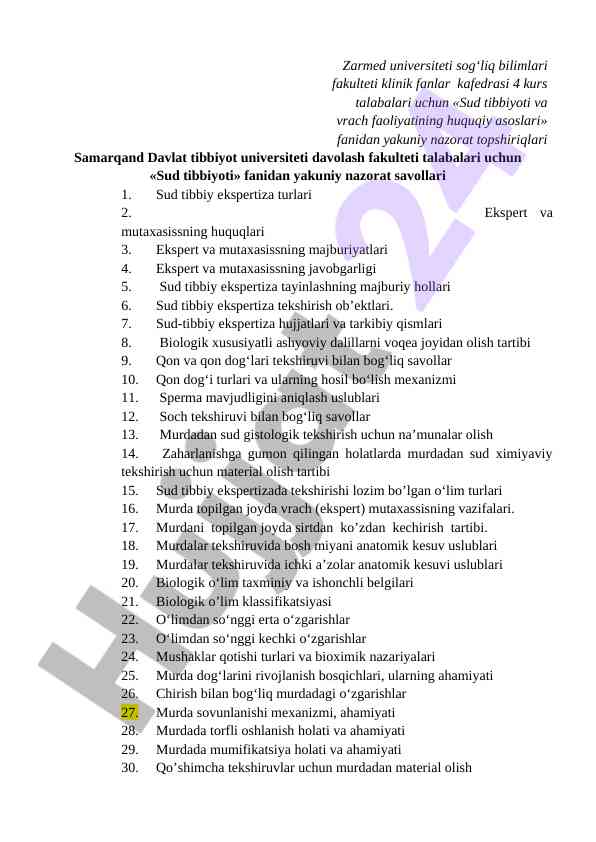 Sud tibbiyoti fanidan yakuniy nazorat savollari