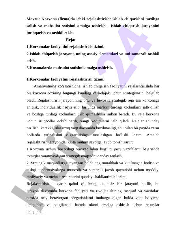 Ichki rejalashtirish va mahsulot sotish tizimi