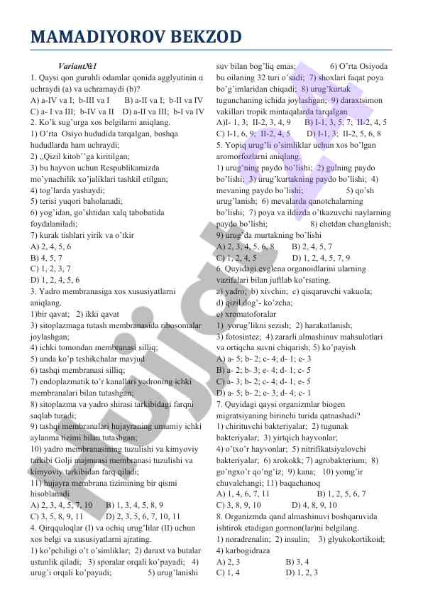Biologiya imtihon savollari va javoblari